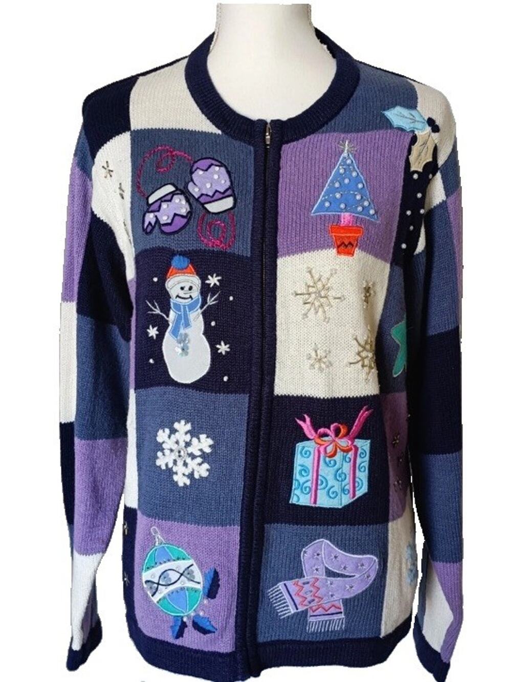 Christmas Sweater Beaded Cotton Blend Blue Purple Cardigan Snowman Grandma Large